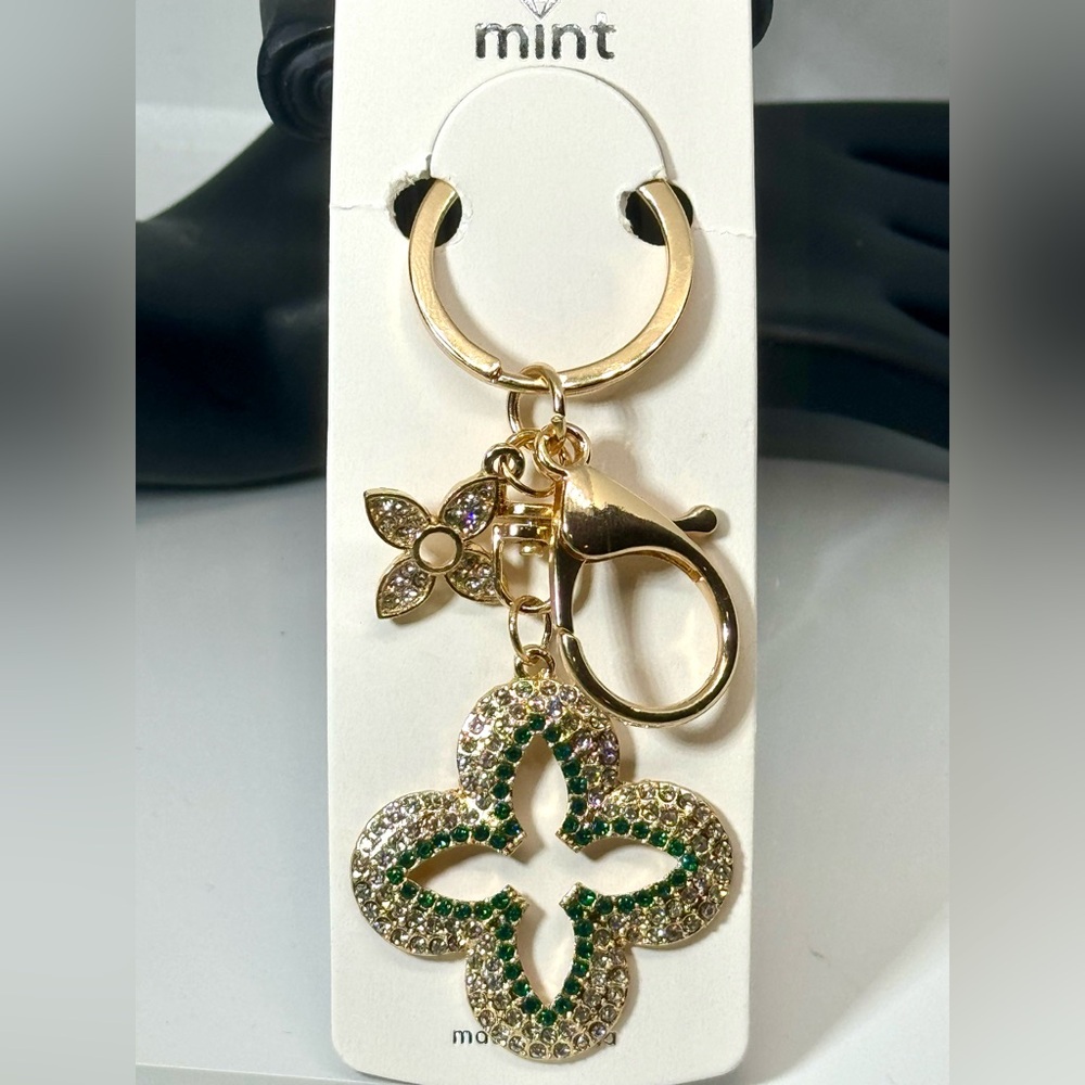 BAG CHARM Crystal Clover Keychain Charm - Green & Gold Accent